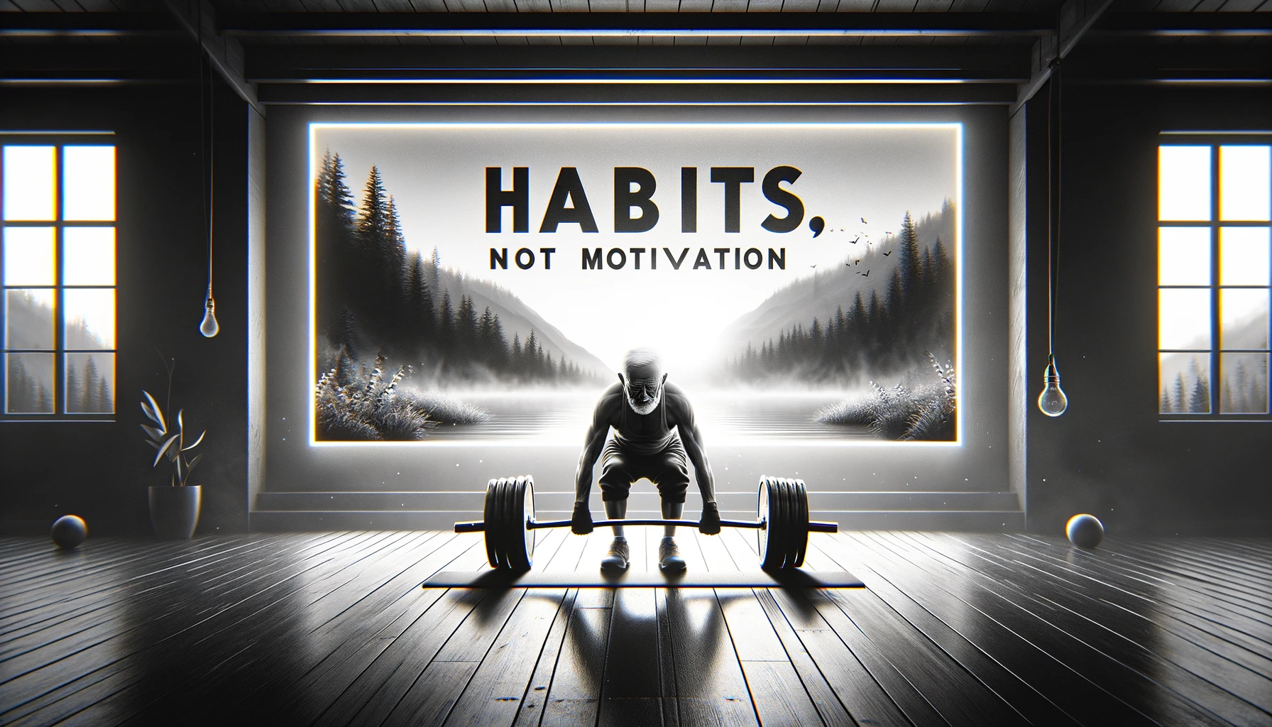 ChatGPT prompt "Create a image with the text Habits not motivation with an old teacher exercising early in the morning lifting weights. Make the image black and white and banner sized."