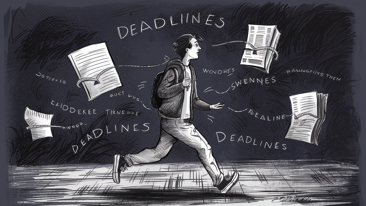 Deadlines - A picture of a student who is managing their deadlines wonderfully and skipping through them. Make the image black and white, Make su re the word deadlines is everywhere, illustration, cinematic No media Prompt